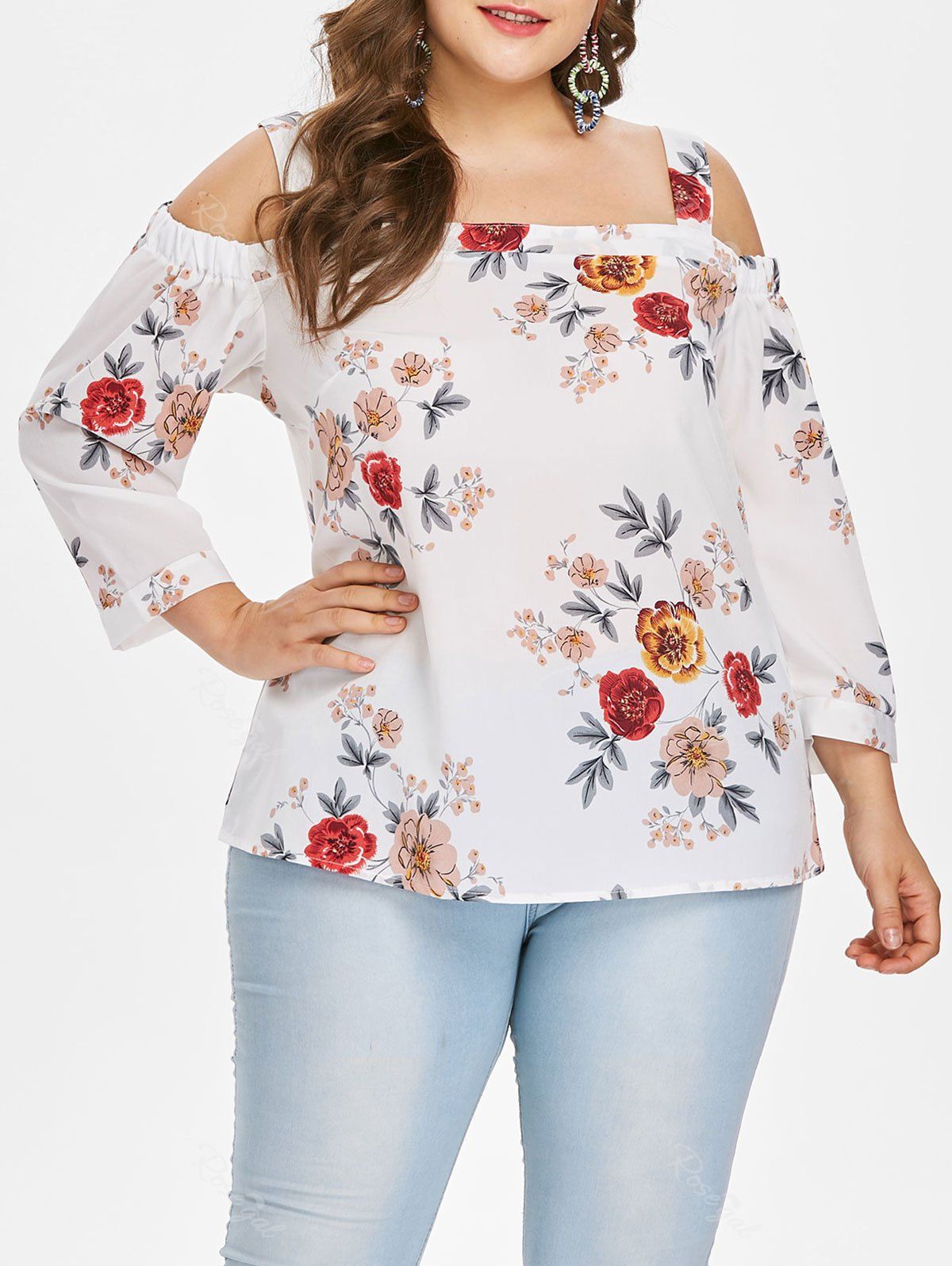 

Plus Size Cold Shoulder Flower Blouse, White