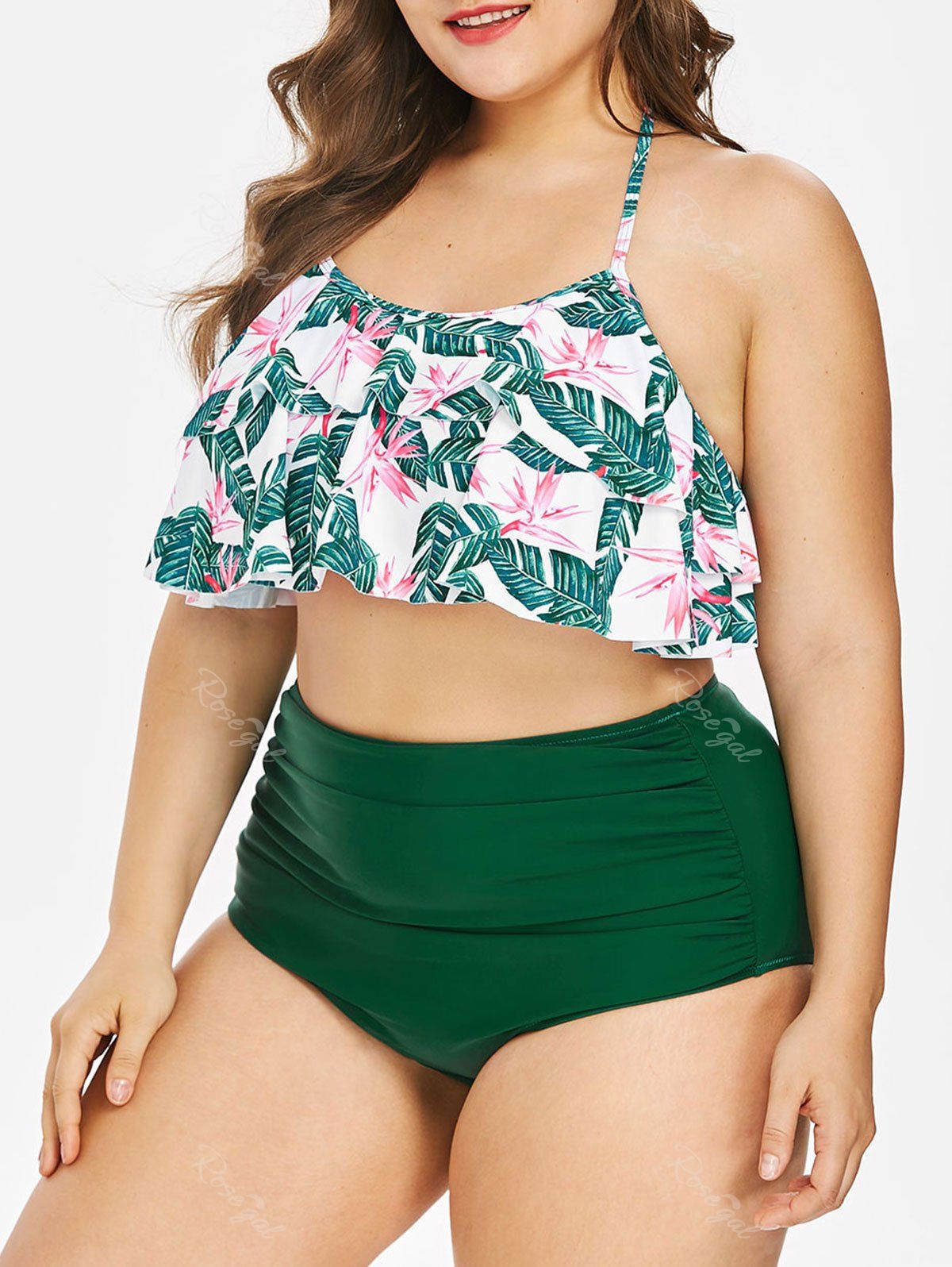 

Leaf Print Halter Neckline Plus Size Bikini, Shamrock green