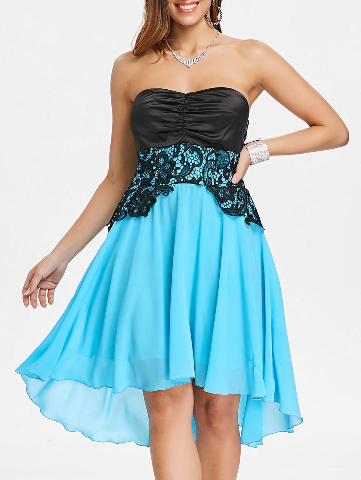 

Lace Panel Strapless A Line Dress, Light sky blue