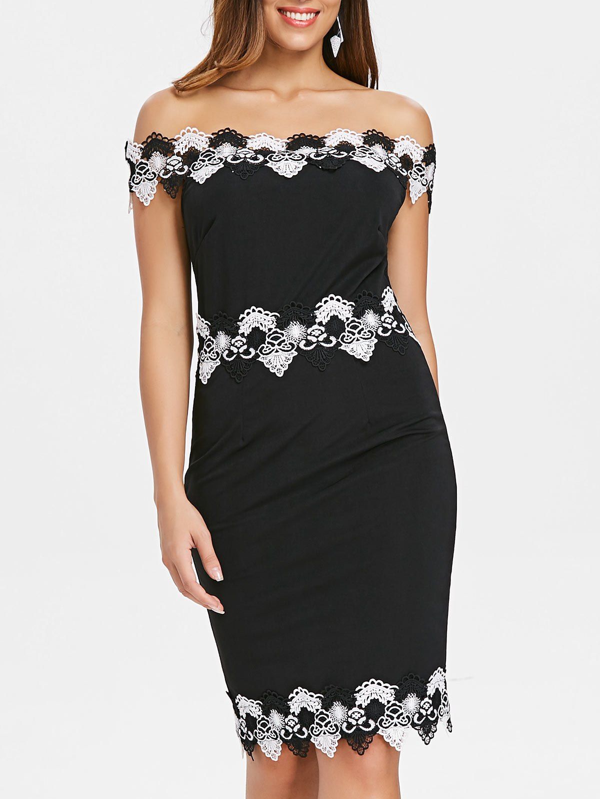 

Lace Insert Off Shoulder Midi Dress, Black