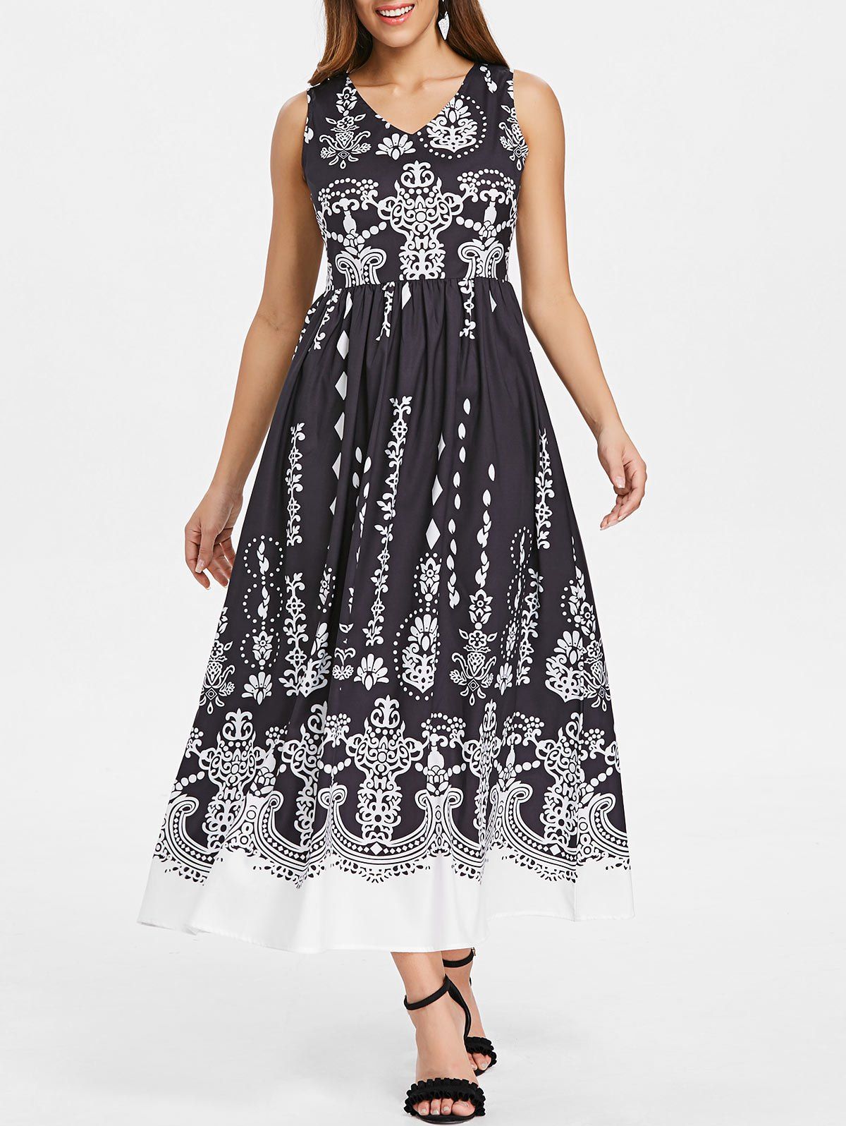 

Baroque Pattern Sleeveless Maxi Dress, Black