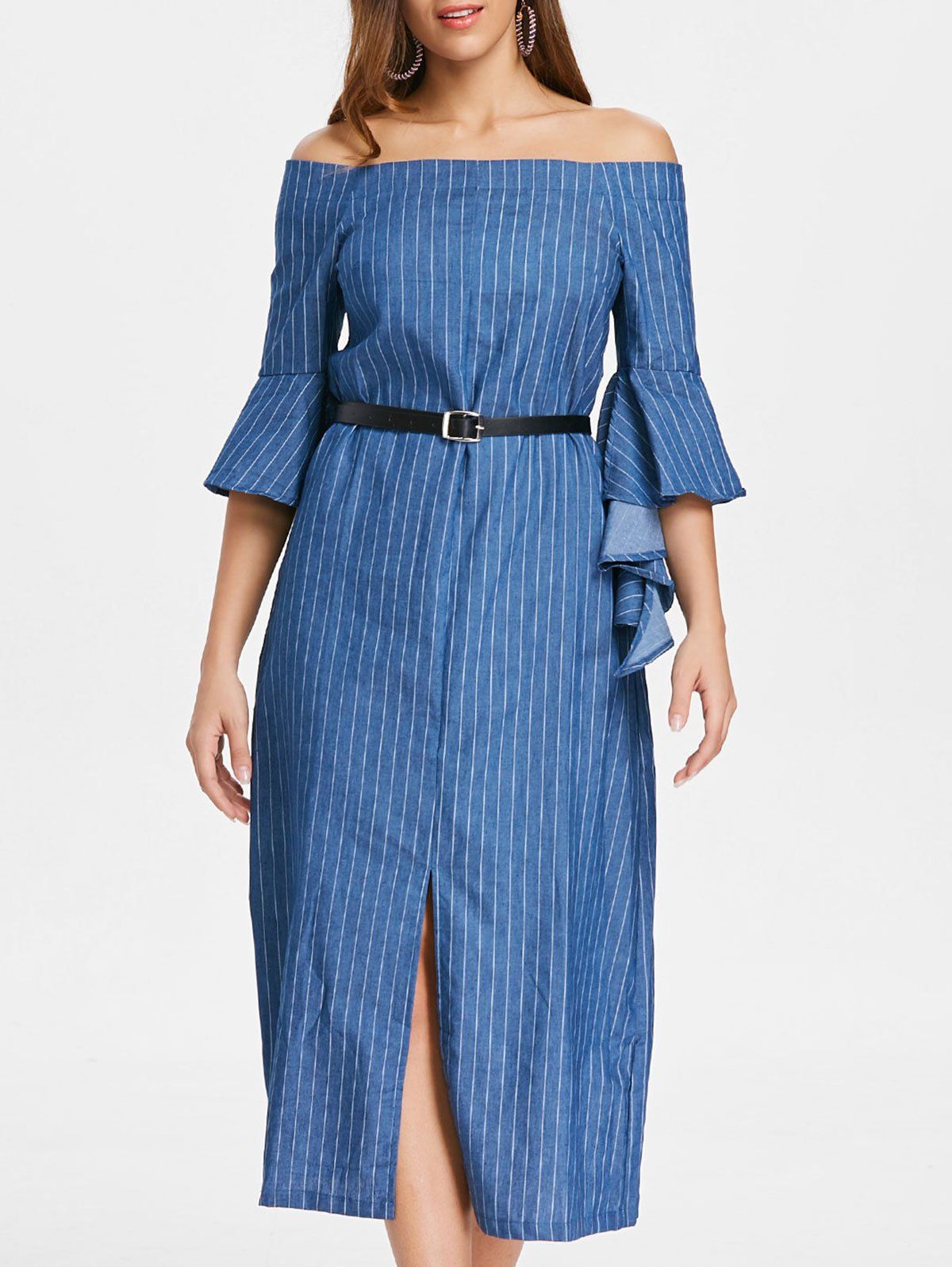 

Off The Shoulder Slit Stripe Dress, Blue jay