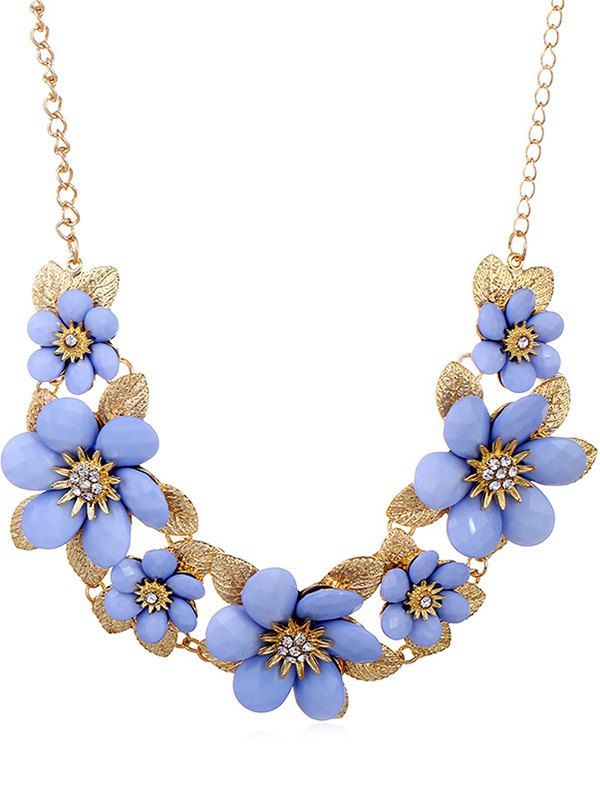 

Rhinestone Flowers Design Pendant Chain Necklace, Powder blue