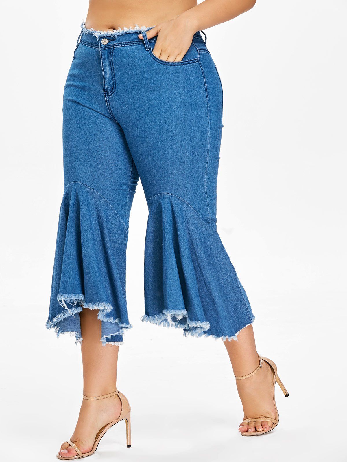 

Ruffle Plus Size Frayed Hem Jeans, Denim dark blue