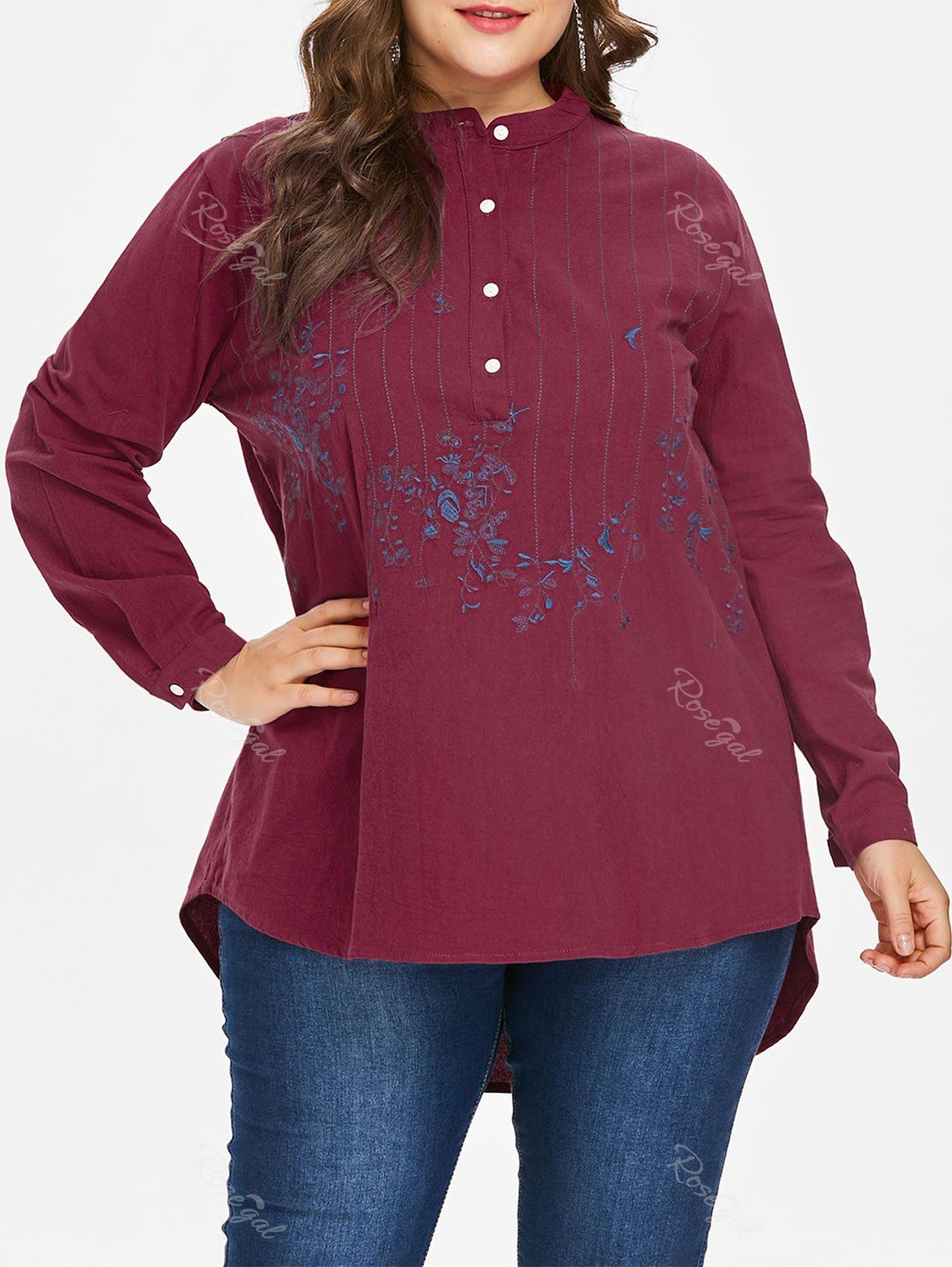 

Plus Size Embroidered High Low Blouse, Red