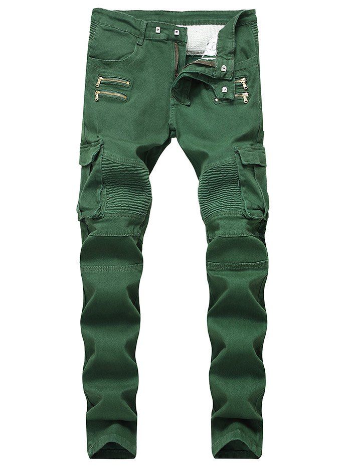 

Patchwork Zippers Decorated Pleated Biker Jeans, Seaweed green