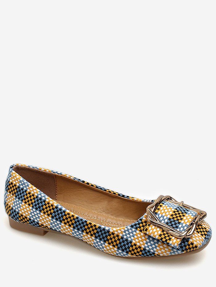 

Square Toe Metal Buckled Plaid Leisure Flats, Blue