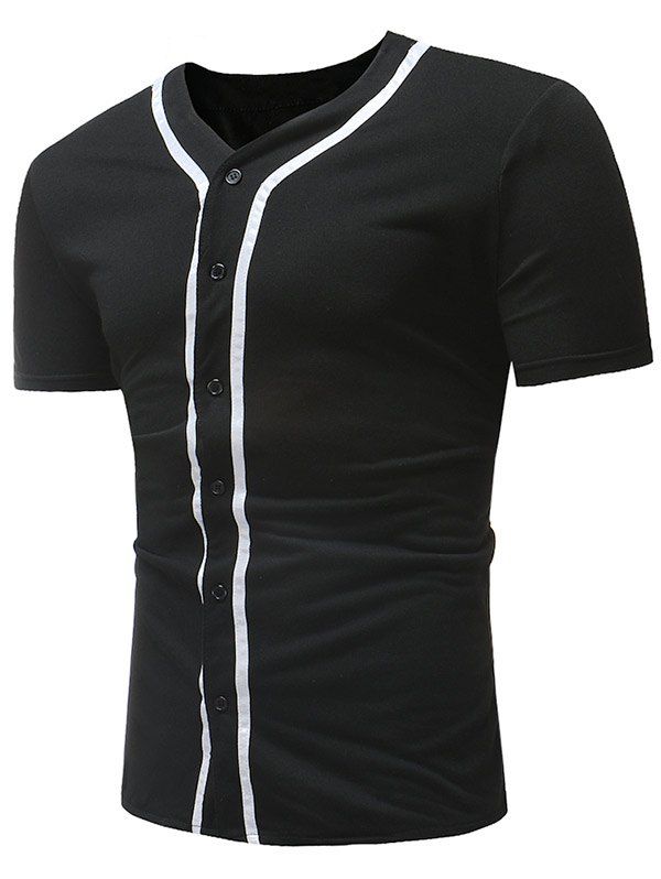 

Color Block V Neck Button Up T-shirt, Black