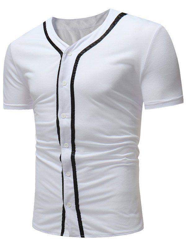 

Color Block V Neck Button Up T-shirt, White