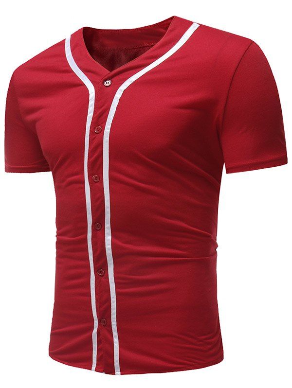 

Color Block V Neck Button Up T-shirt, Red