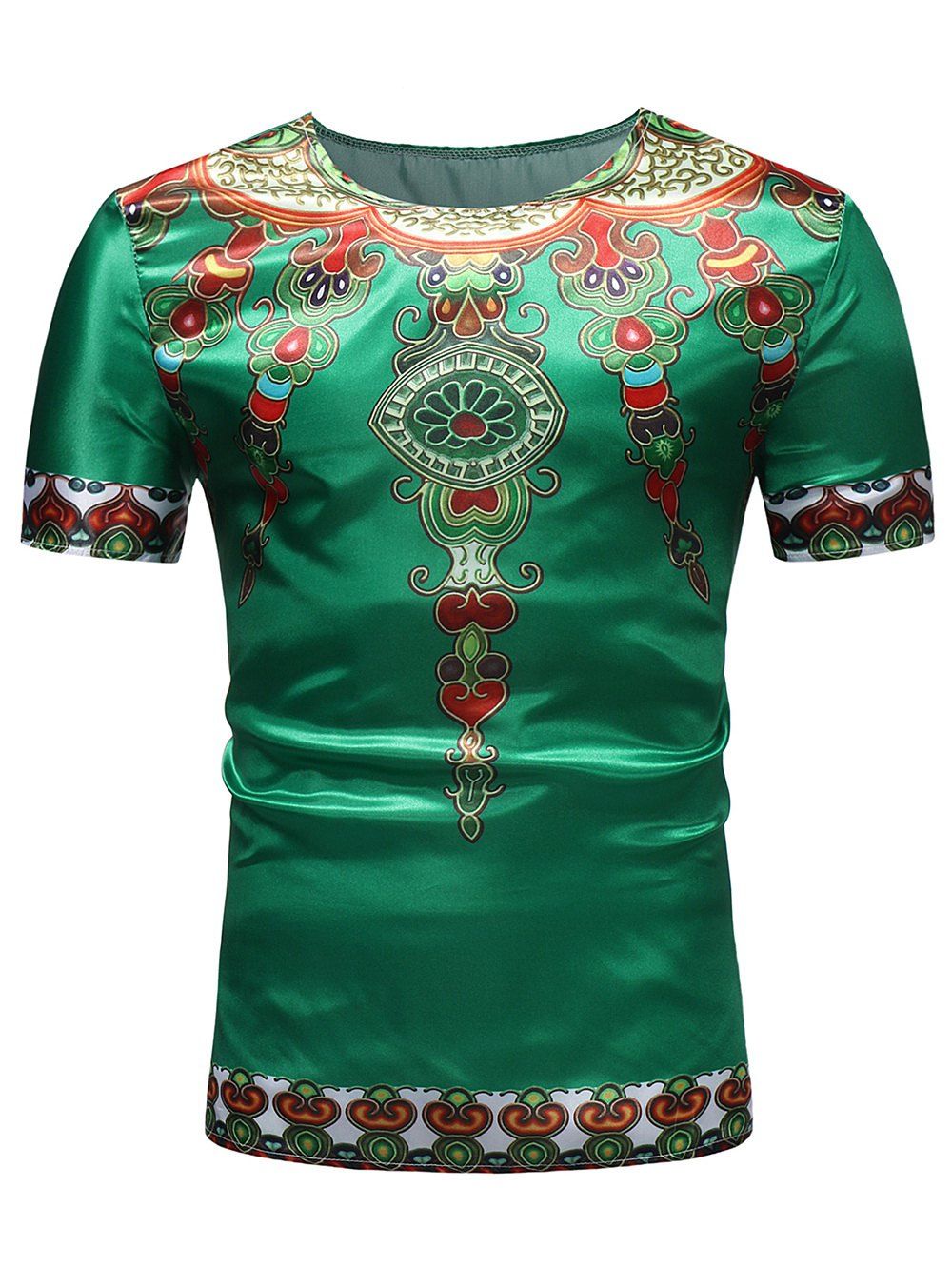 

Short Sleeve Ethnic African Style Print Tee Shirt, Green