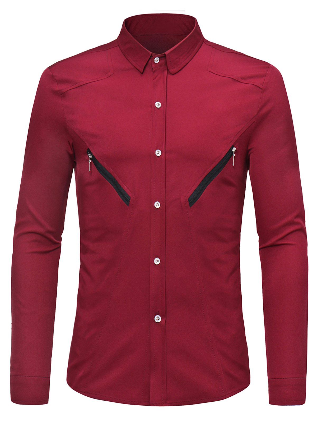 

Button Up Slant Zipper Embellished Shirt, Red wine
