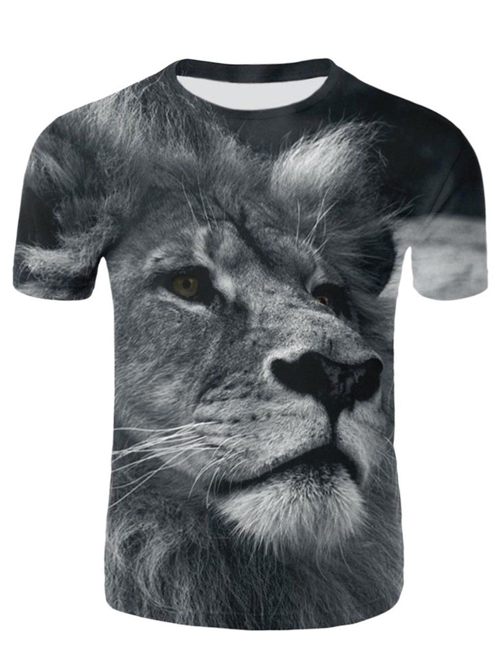 

3D Lion Head Print Short Sleeve T-shirt, Gray