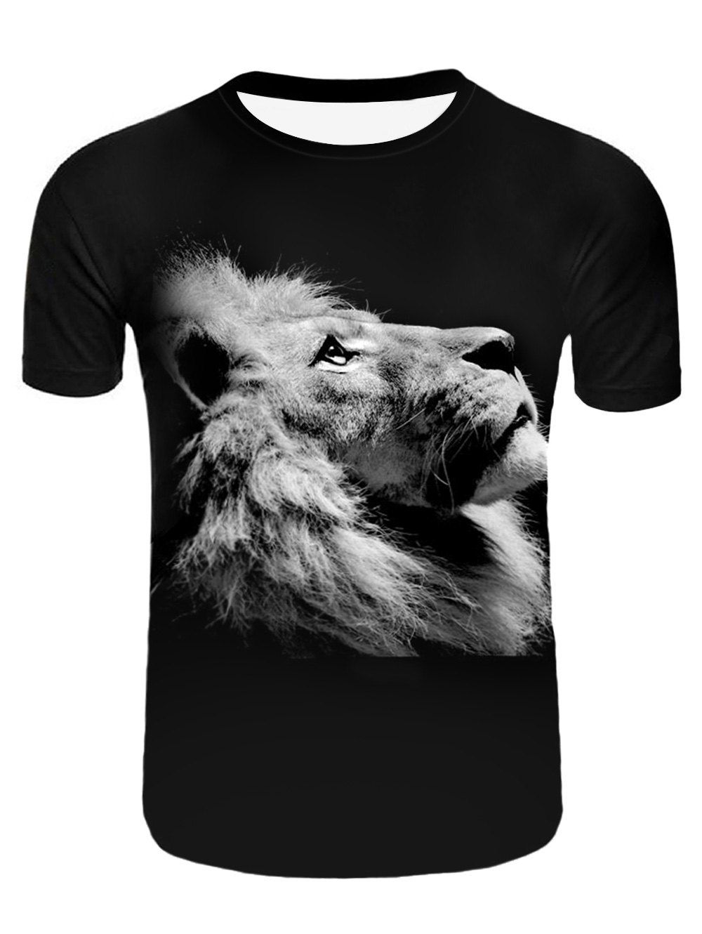 

3D Lion Gaze Print Round Neck T-shirt, Black