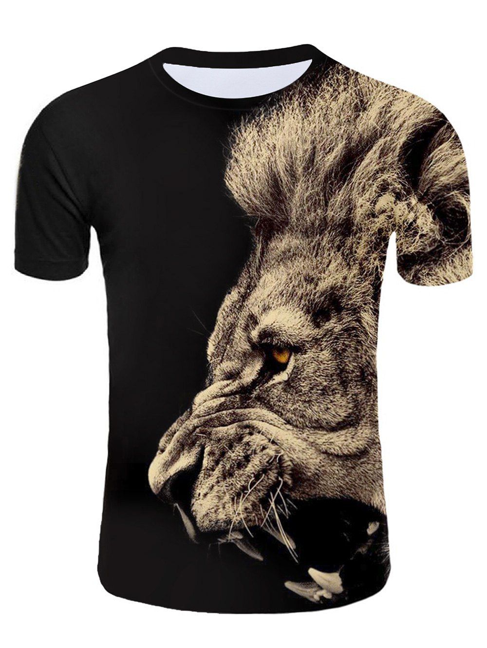 

3D Ferocious Lion Print Round Neck T-shirt, Black