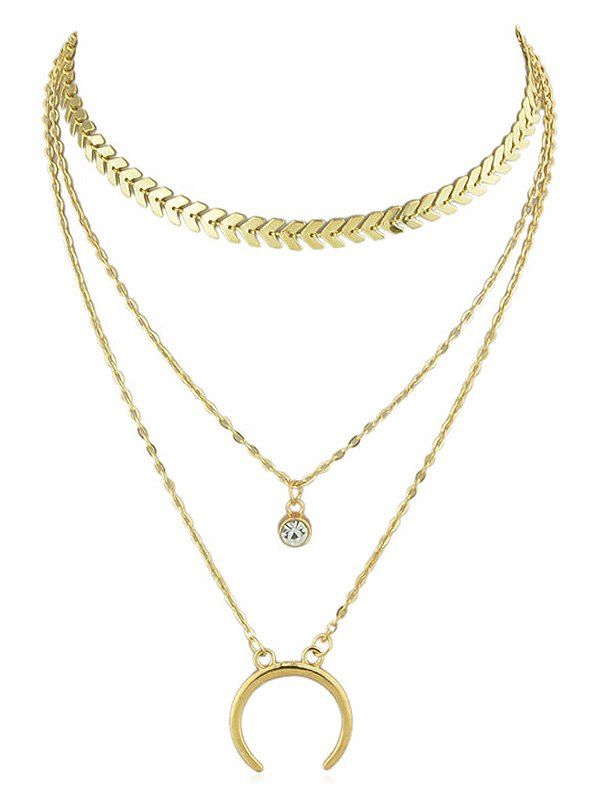 

Rhinestone Crescent Moon Layer Fishbone Chain Necklace, Gold