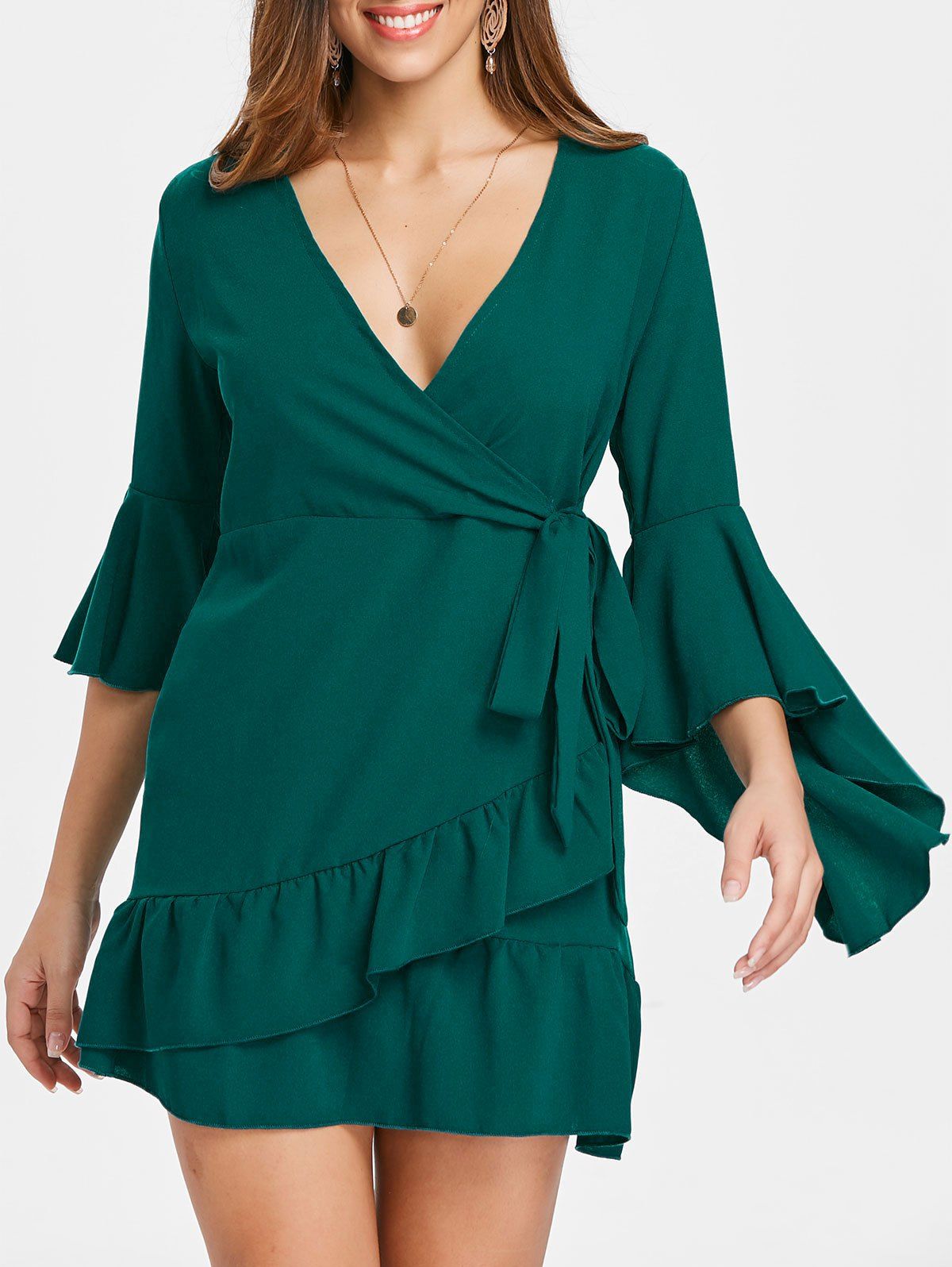 

Ruffle Flared Sleeve Wrap Dress, Deep green