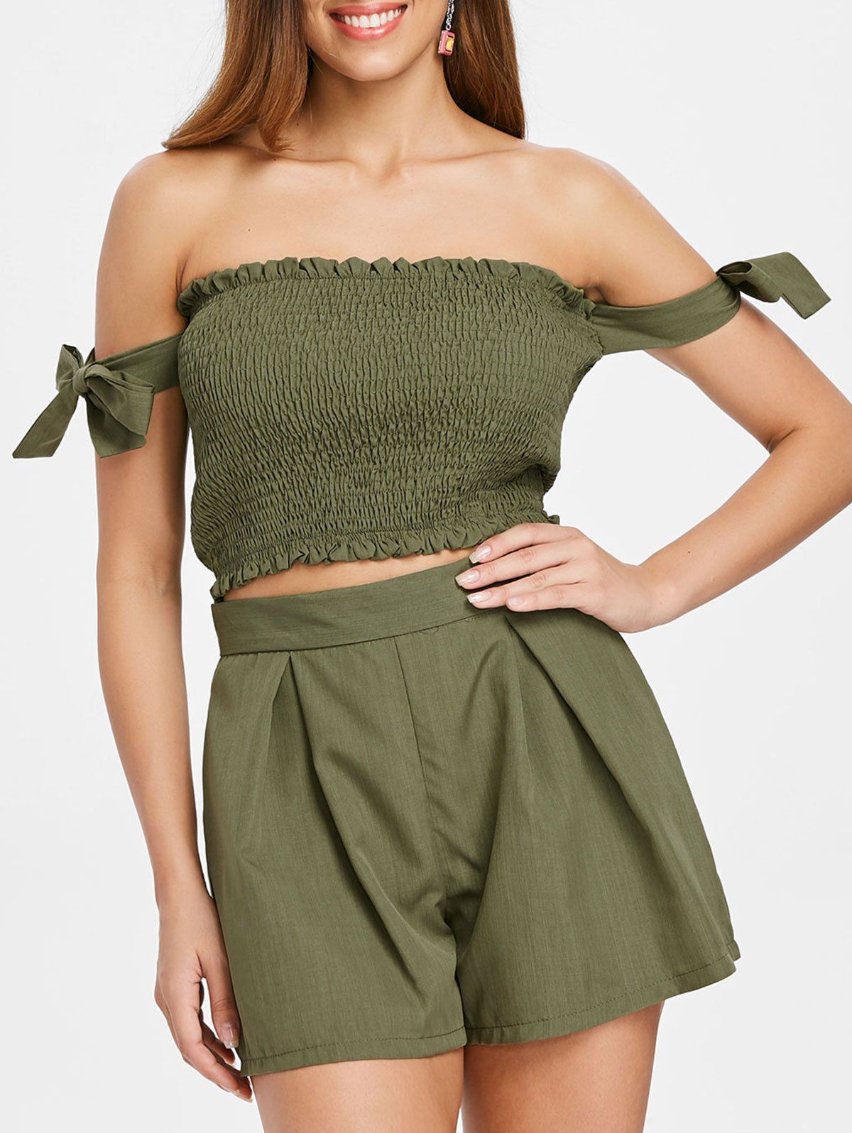 

Tie Shirred Top and Elastic Waist Shorts, Army green