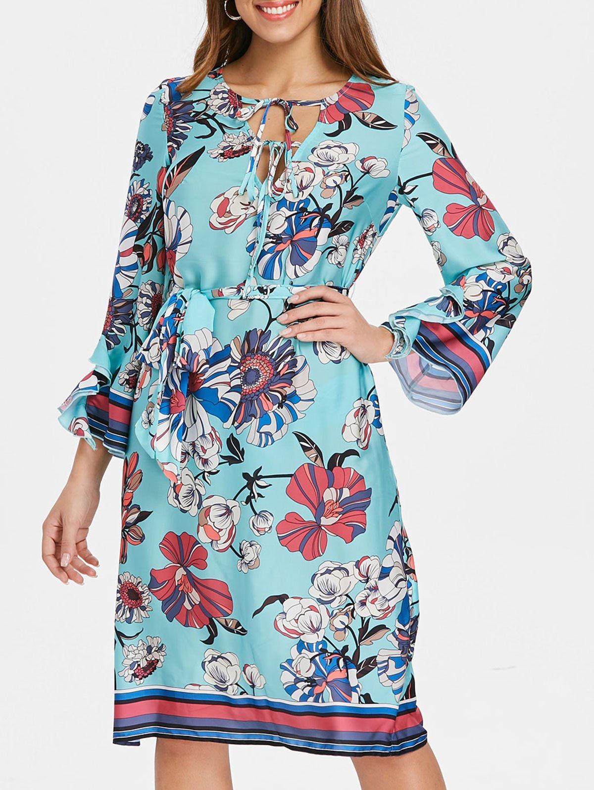 

Bohemian V Neck Floral Shift Dress, Light sky blue