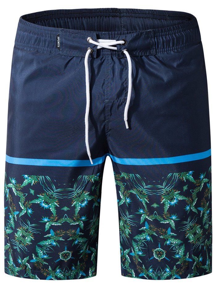 

Drawstring Panel Leaves Print Board Shorts, Cadetblue