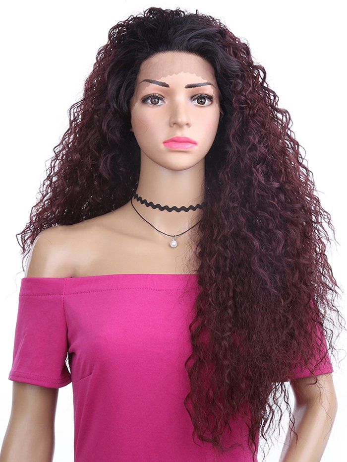 

Long Free Part Fluffy Kinky Curly Synthetic Lace Front Wig, Red wine