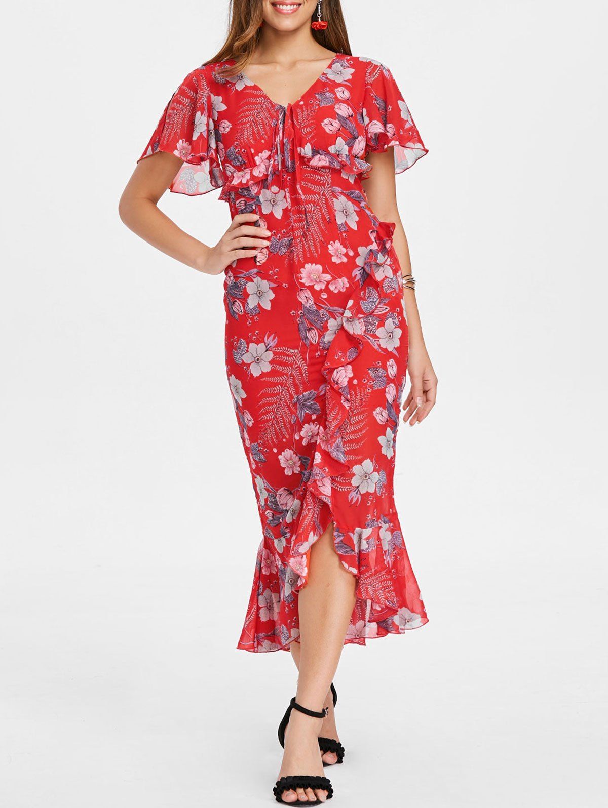 

Floral V Neck Ruffle Midi Dress, Red