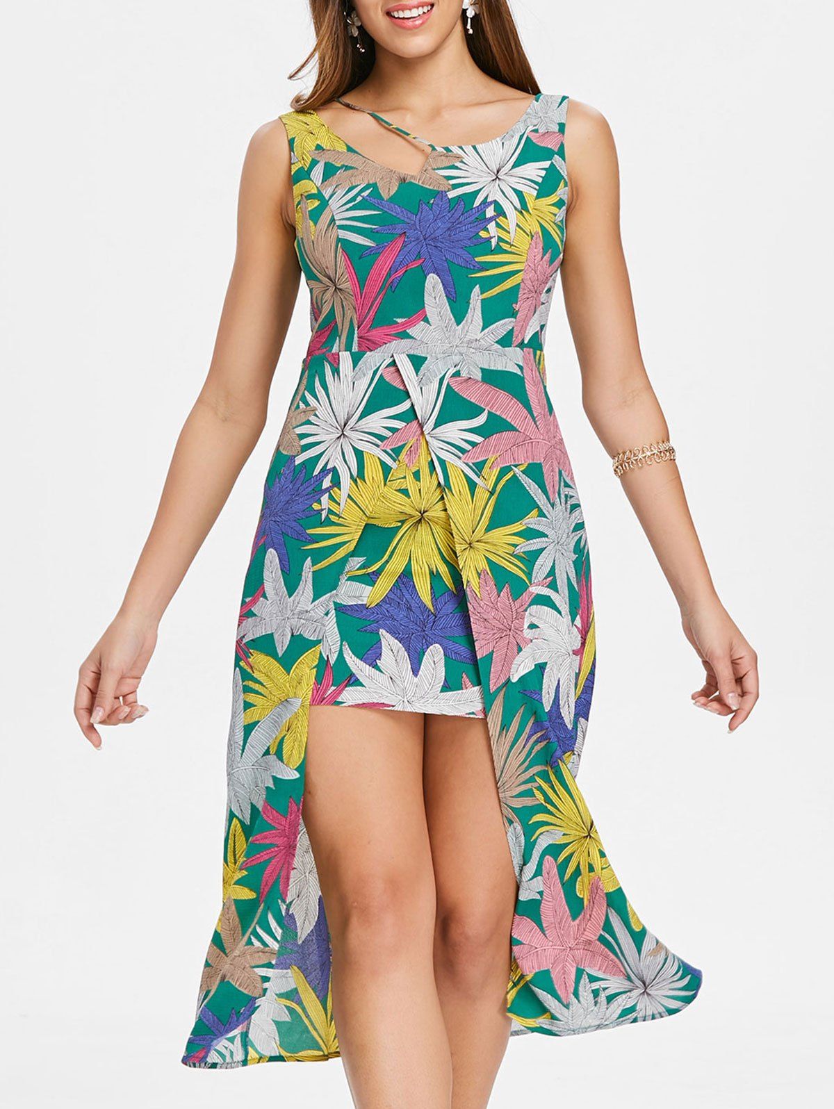 

Leaf Print Asymmetric Neck Slit Swing Dress, Multi