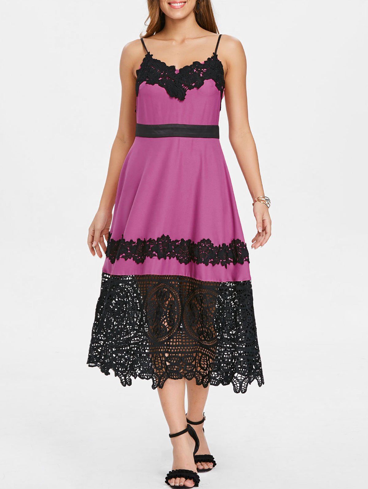 

Lace Insert Vintage Swing Midi Dress, Rose red