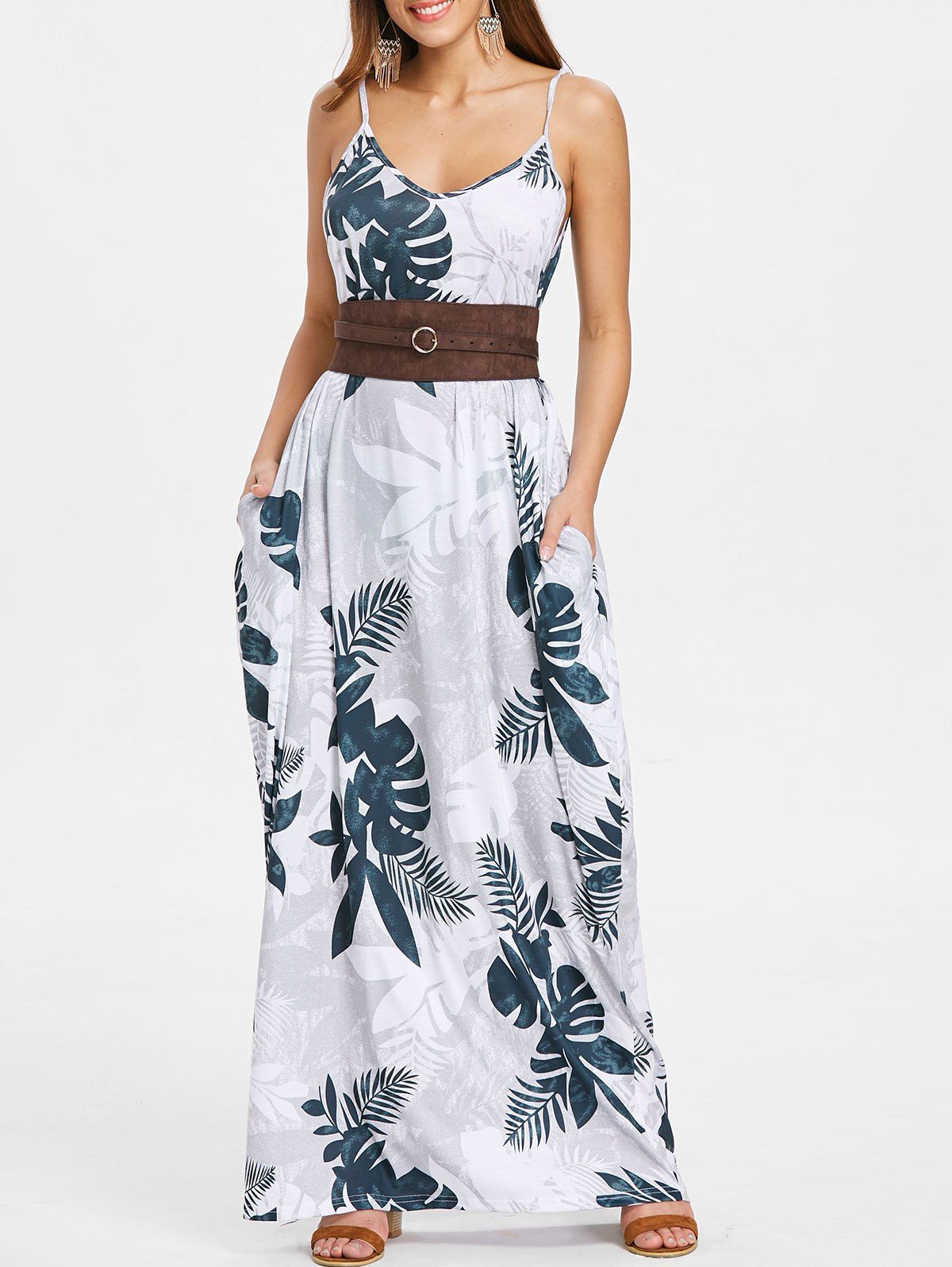 

Leaf Print Spaghetti Strap Maxi Dress, Green