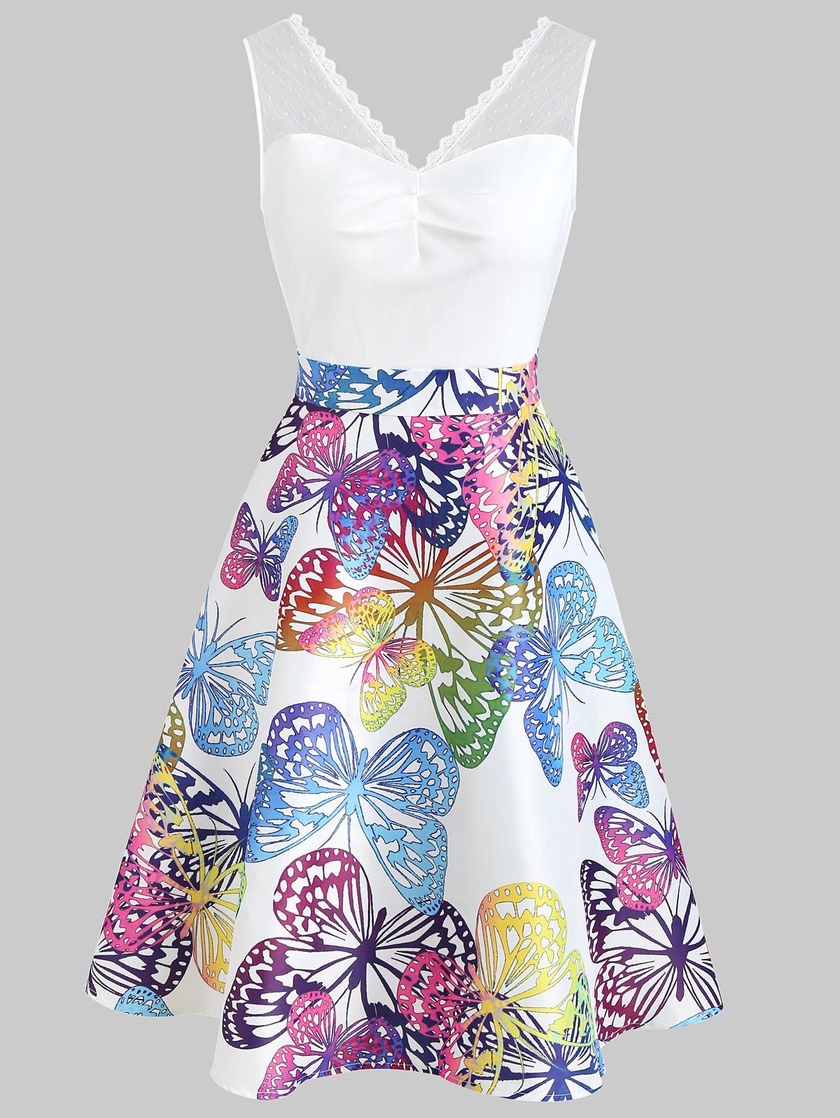 

Butterflies Print Ruched Bust Vintage Dress, White