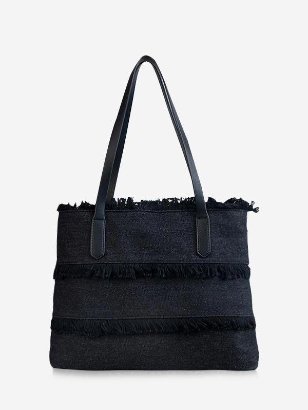 

Large Capacity Frayed Edge Color Block Shoulder Bag, Black