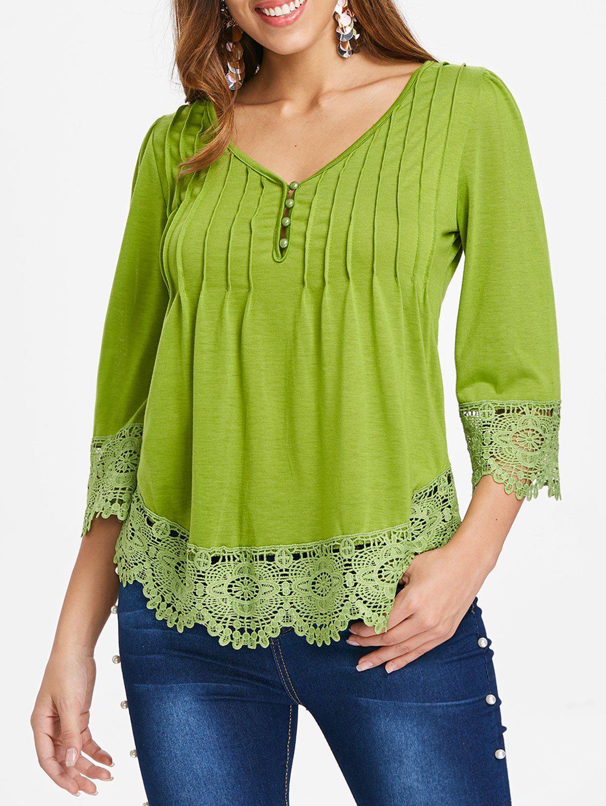 

Pleated Lace Appllique Hem Top, Green onion