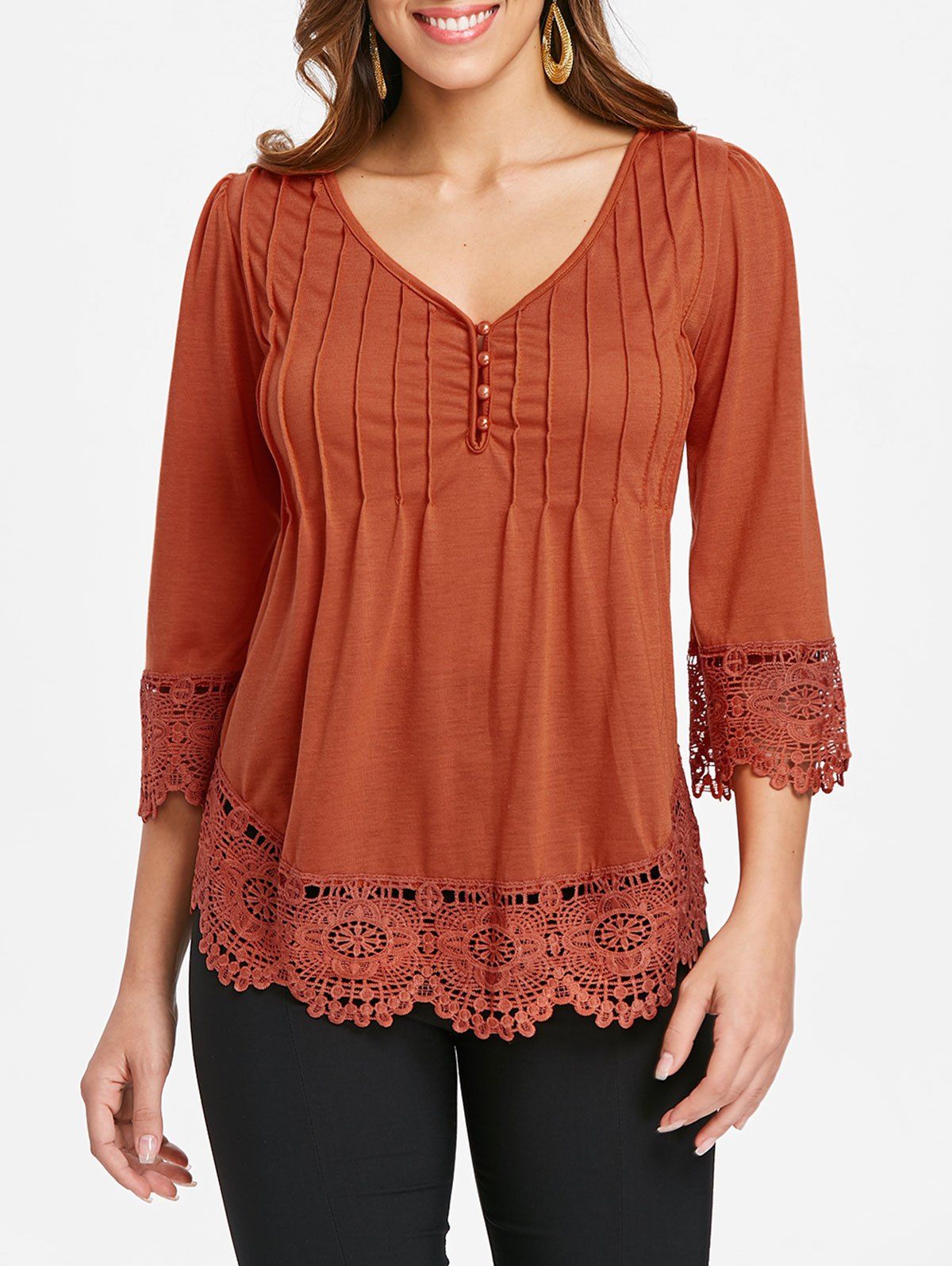 

Pleated Lace Appllique Hem Top, Dark orange