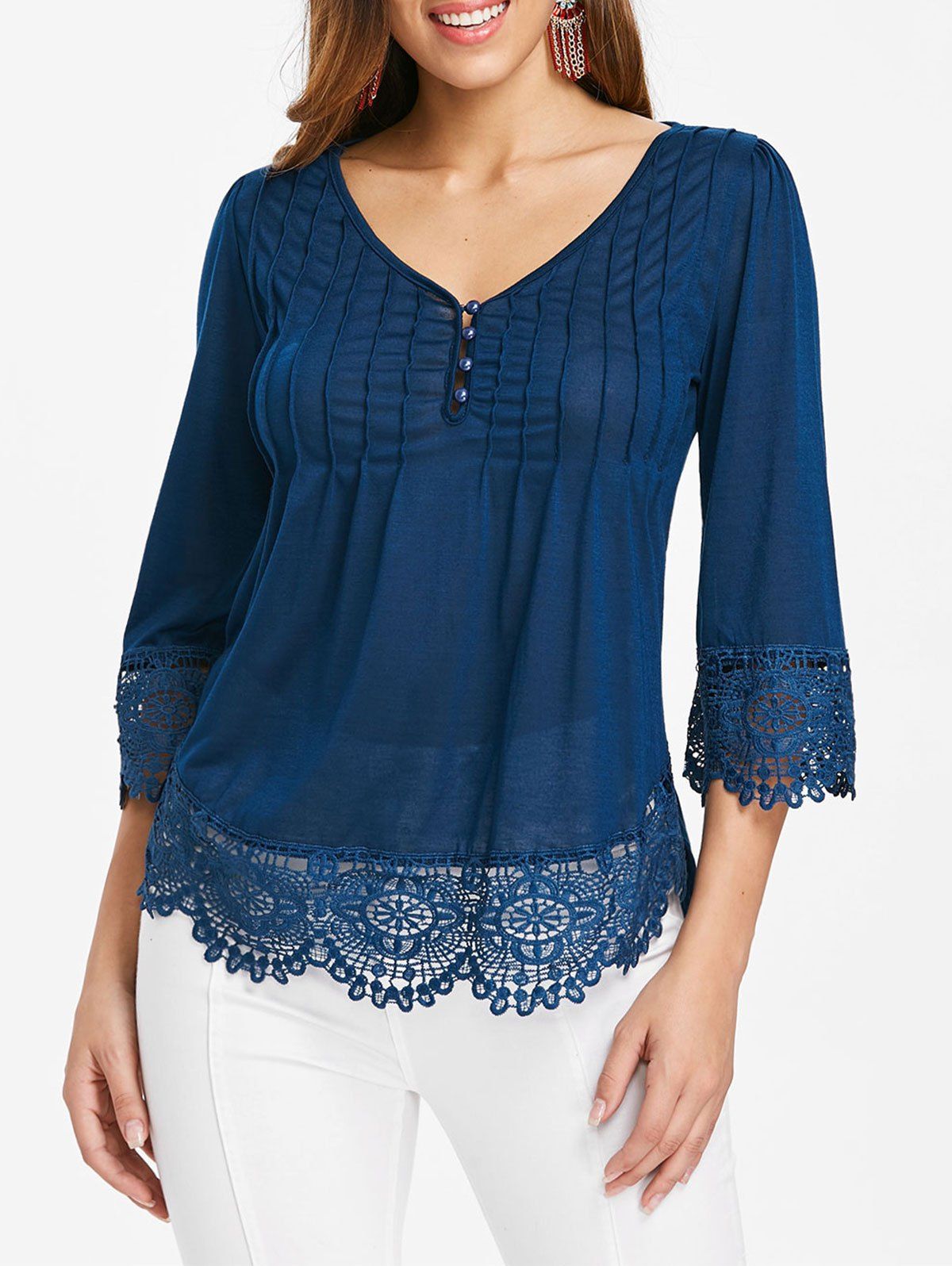 

Pleated Lace Appllique Hem Top, Blue jay