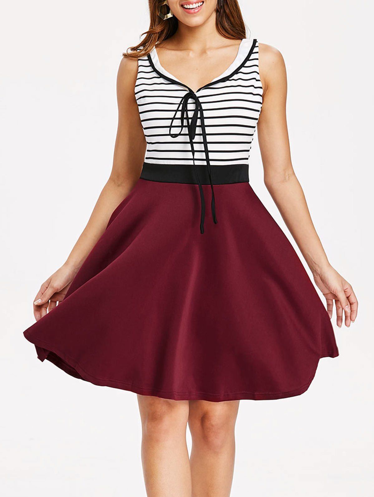 

Striped Panel Sleeveless Fit and Flare Dress, Multi