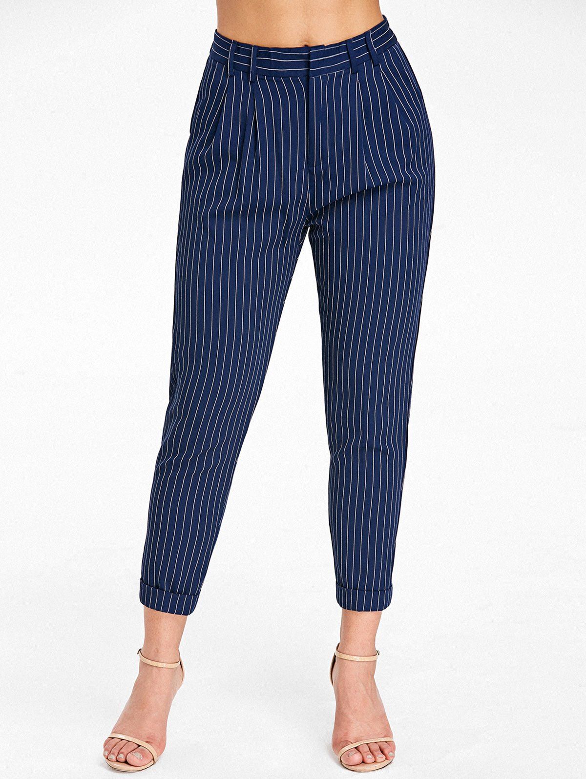 

High Waist Elastic Striped Pants, Blue