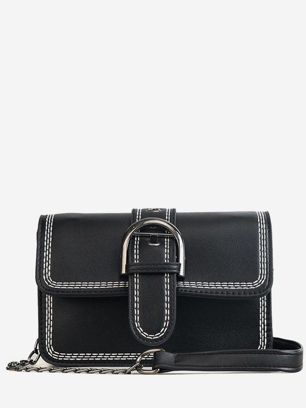 

Color Block Stitches Buckled Flap Crossbody Bag, Black