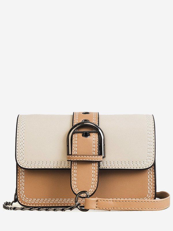 

Color Block Stitches Buckled Flap Crossbody Bag, Beige