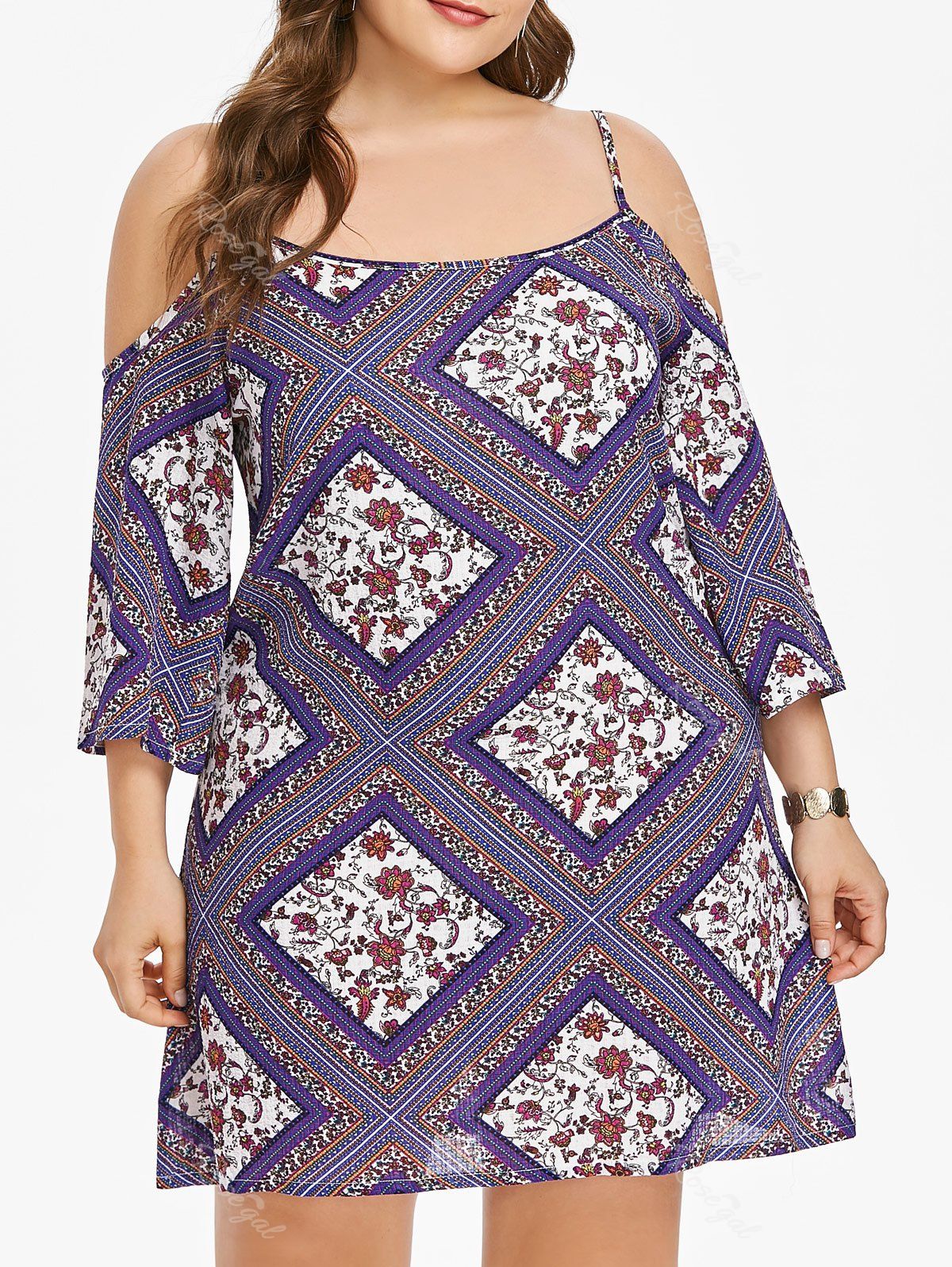 

Open Shoulder Plus Size Ethnic Print Shift Dress, Purple