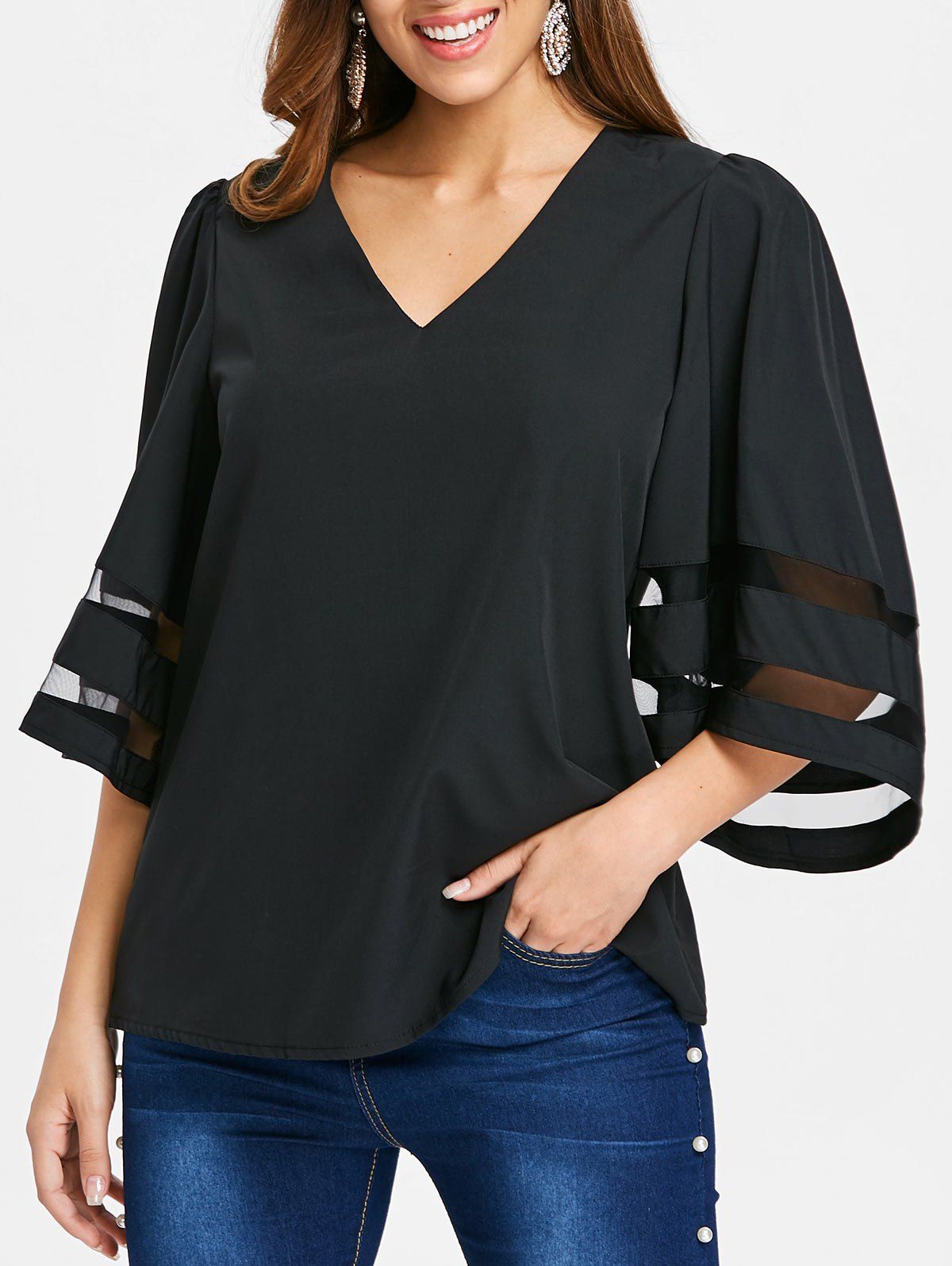 

Mesh Panel Sleeve V Neck Blouse, Black