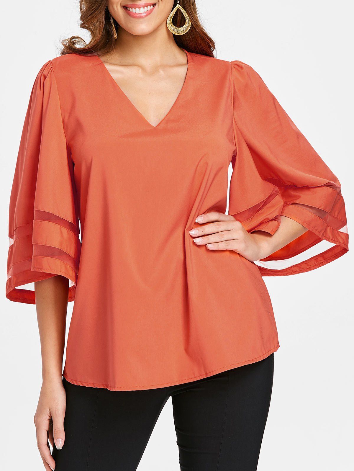 

Mesh Panel Sleeve V Neck Blouse, Orange