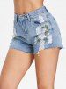 Embroidered Ripped Denim Shorts -  