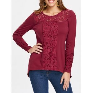 

Asymmetrical Long Sleeve Lace Insert Tee, Red wine