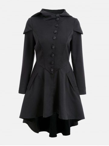 

Lace Up Layered High Low Hooded Coat, Black