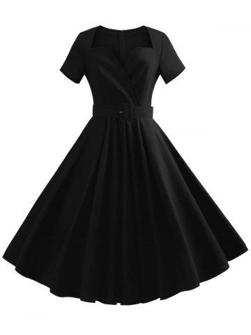Black Xl Vintage Turn-down Collar Solid Color Waist Lace-up Dress For ...
