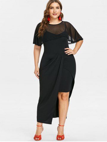 

Plus Size Maxi Cami Dress with Mesh Top, Black