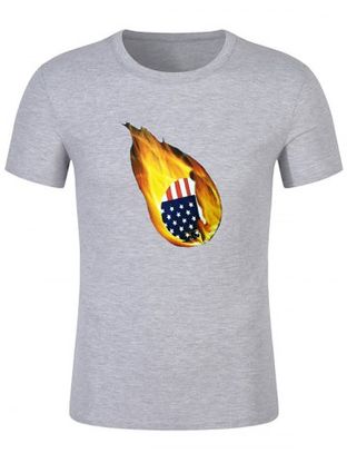 American Flag Print Fire Ball Short Sleeve Casual T-shirt
