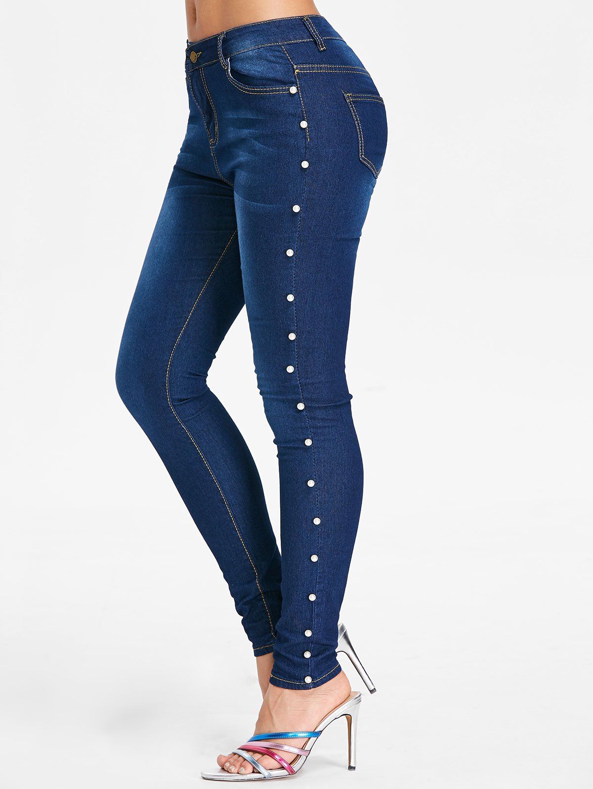 

Sides Faux Pearl Embellished Jeans, Denim dark blue