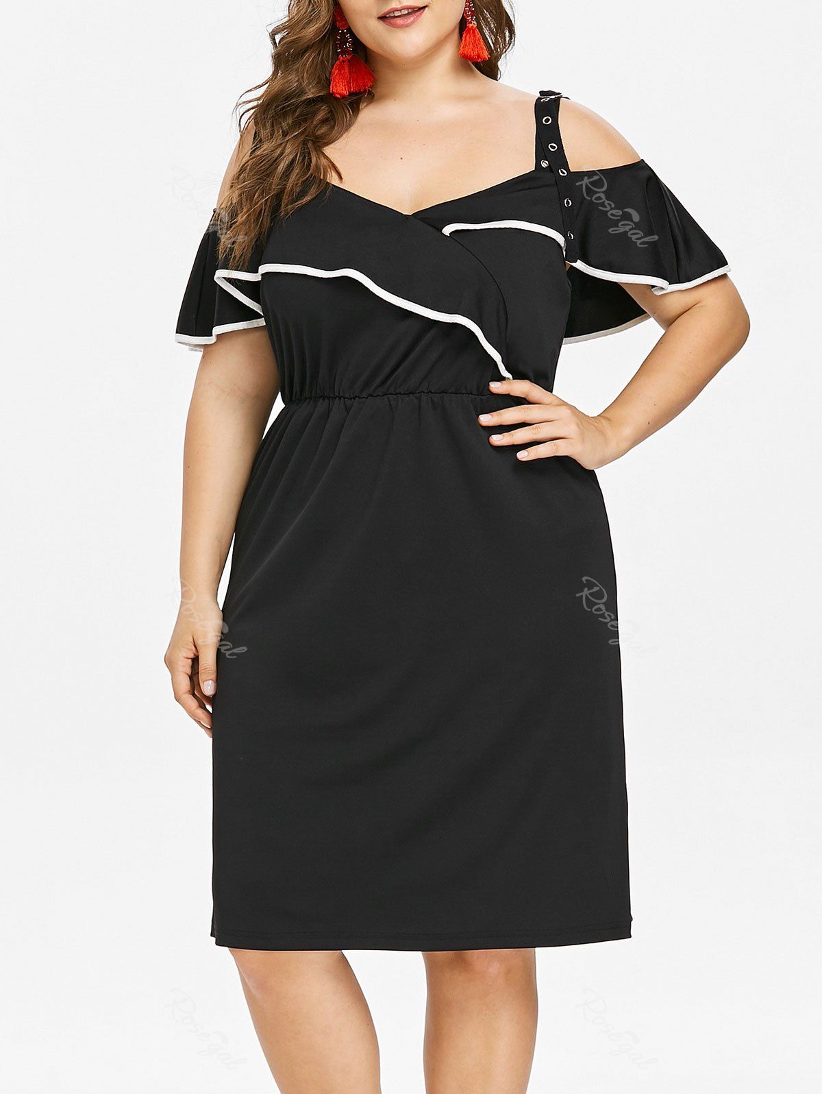 

Contrast Trim Plus Size Flounce Knee Length Dress, Black