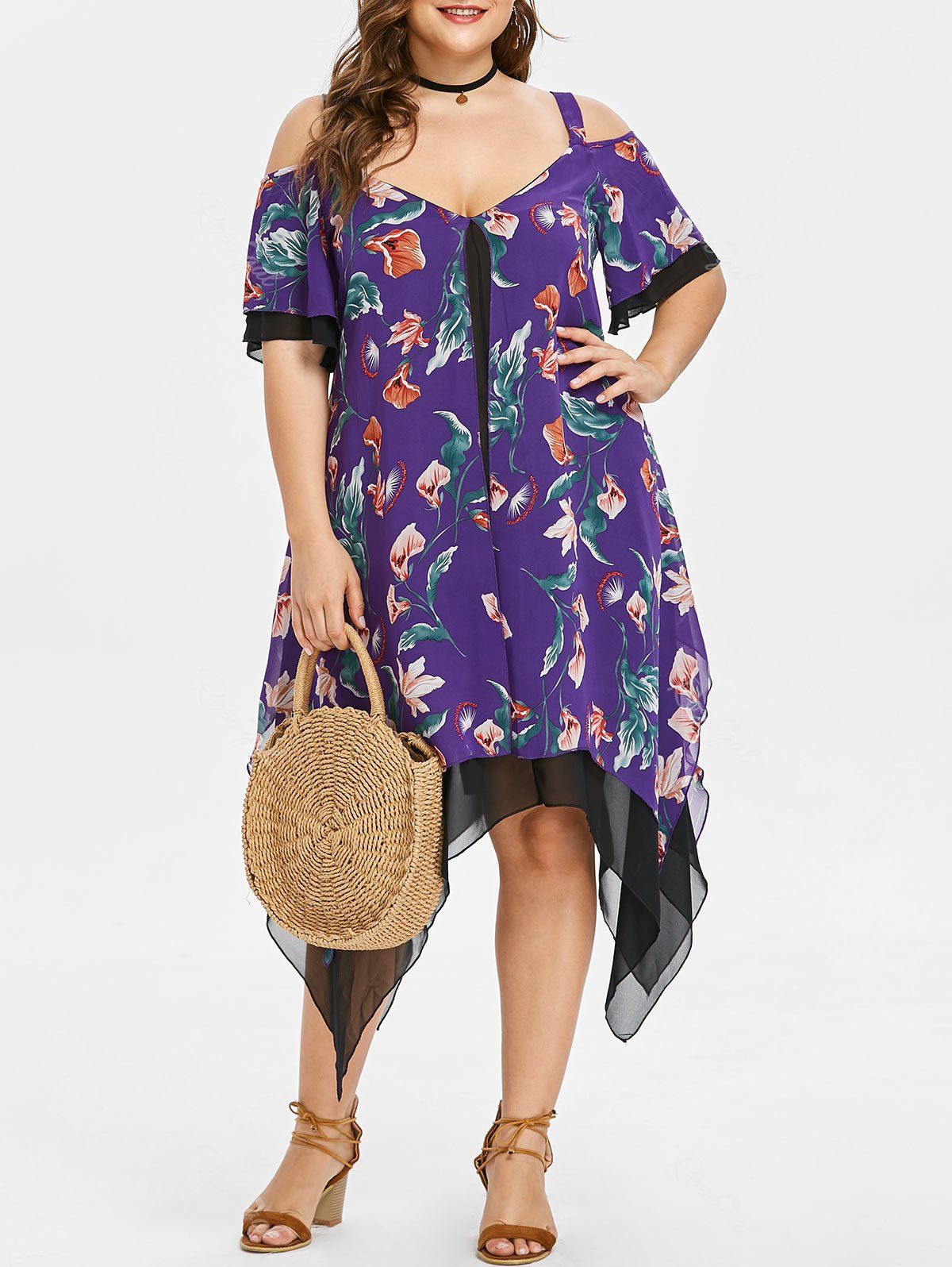 

Asymmetrical Plus Size Floral Print Dress, Purple